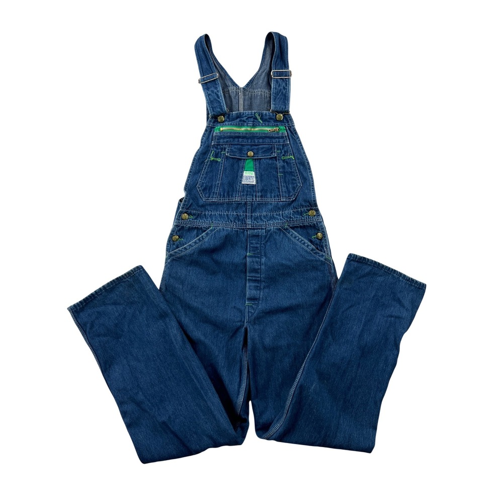 VTG 90s Liberty Overalls Men 30x32 Blue Denim Green Stitch Bib Workwear Farm USA
